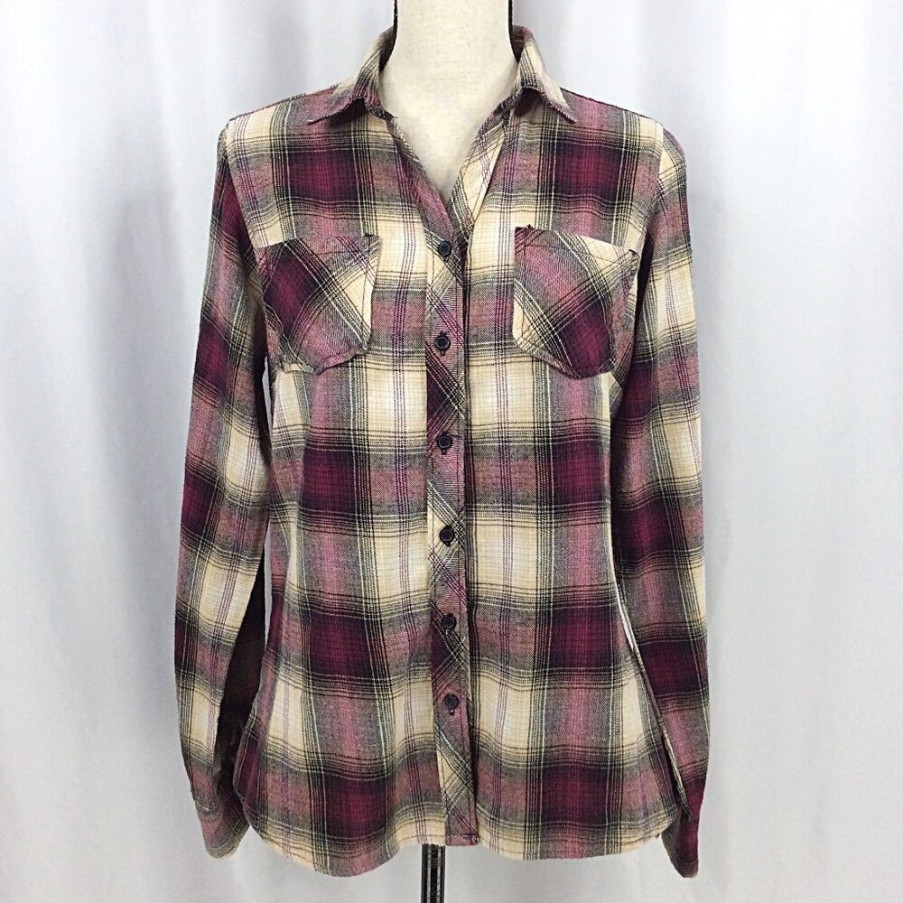 BTC Bay Trading Co Plaid Flannel Shirt Women Size Medium Long Sleeve Button Down